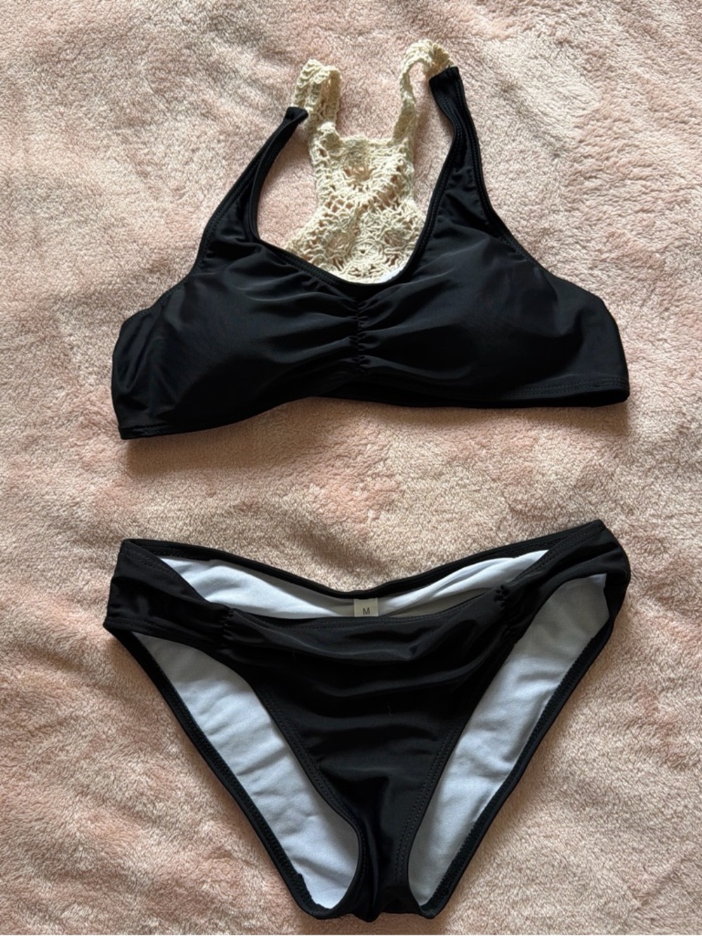 Black Women’s Two-Piece Swim Set with Crochet Back Detail